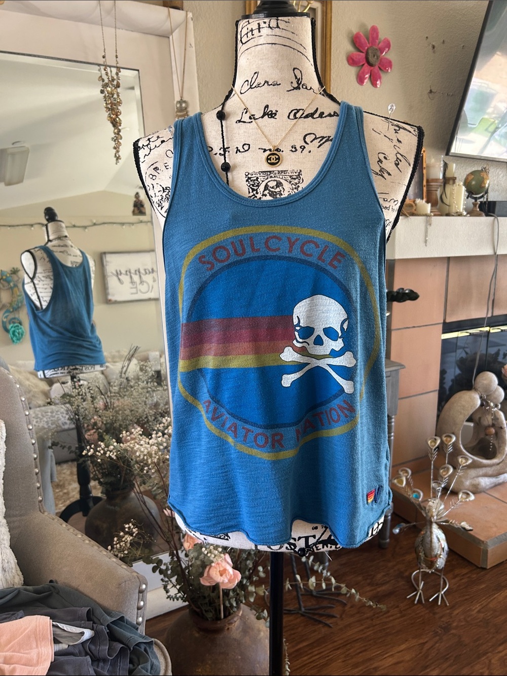 Aviator Nation Blue SoulCycle Skull & Stripes Tank Top